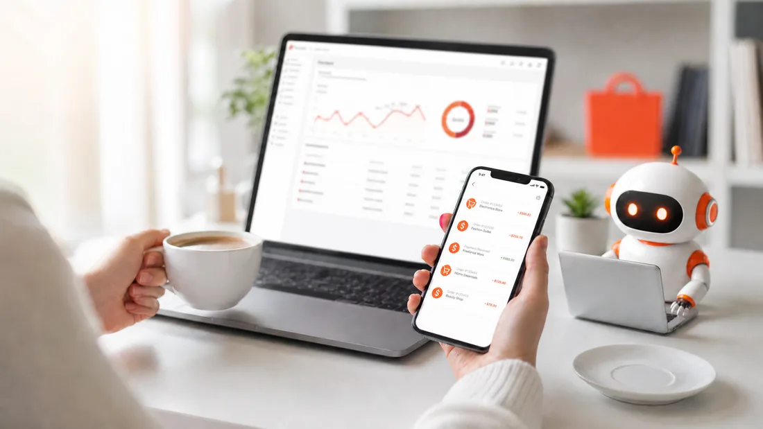 Robô operando um computador e enviando cartões de oferta — tênis, bolsa e fone — para três grupos de WhatsApp.